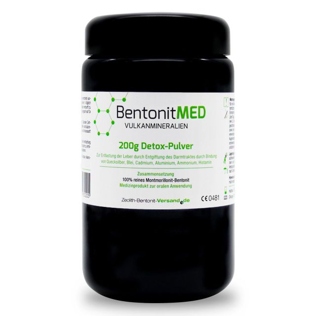 BentonitMED detox powder 200g in a Miron violet glass, medical device with CE certificate