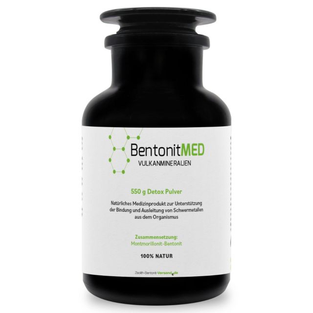 BentonitMED 550g detox powder in a Miron violet glass, medical device with CE certificate