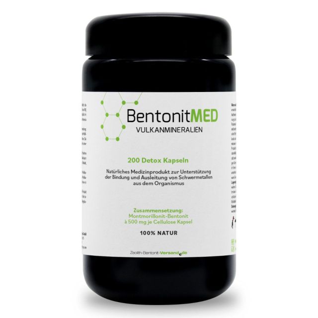 BentonitMED 200 detox capsules in a Miron violet glass, medical device with CE certificate