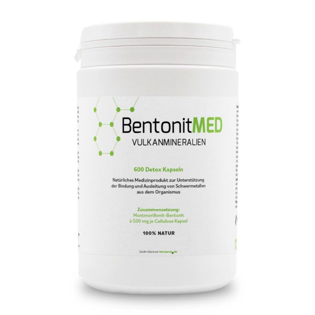 BentonitMED 600 detox capsules in a Miron violet glass, medical device with CE certificate