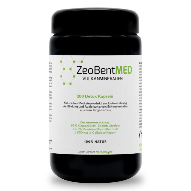 ZeoBentMED 200 cápsulas detox en un vidrio de Miron violeta, dispositivo médico con certificado CE