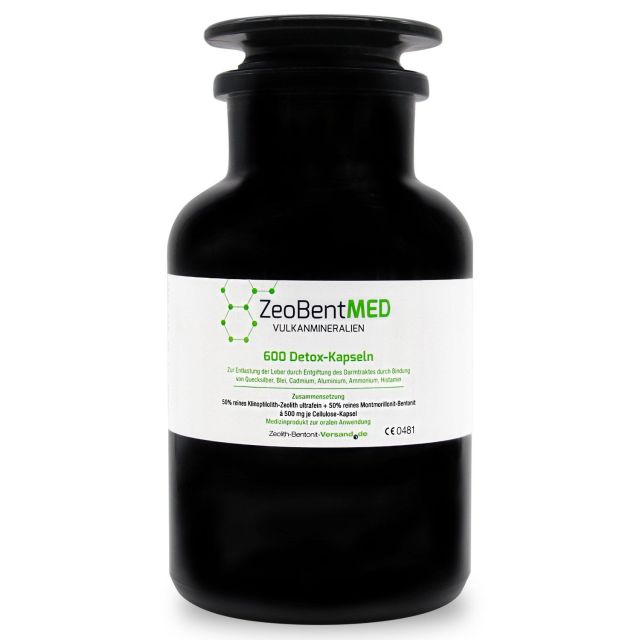 ZeoBentMED 600 detox capsules in violet glass, Medical device
